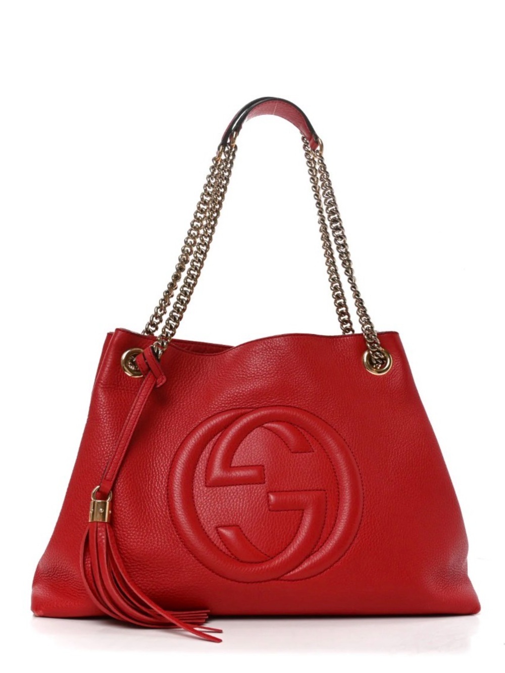 Gucci Red Pebbled Leather Shoulder Bag with Gold Chains